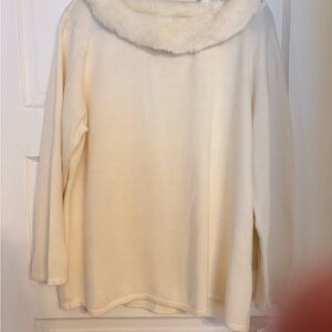 Elegant Cream Sweater with Faux Fur Collar